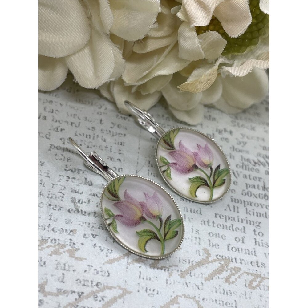 Frosted Tulip Pink Gift Silver Boutique French Wire Earrings Wedding Anniversary - Picture 8 of 14